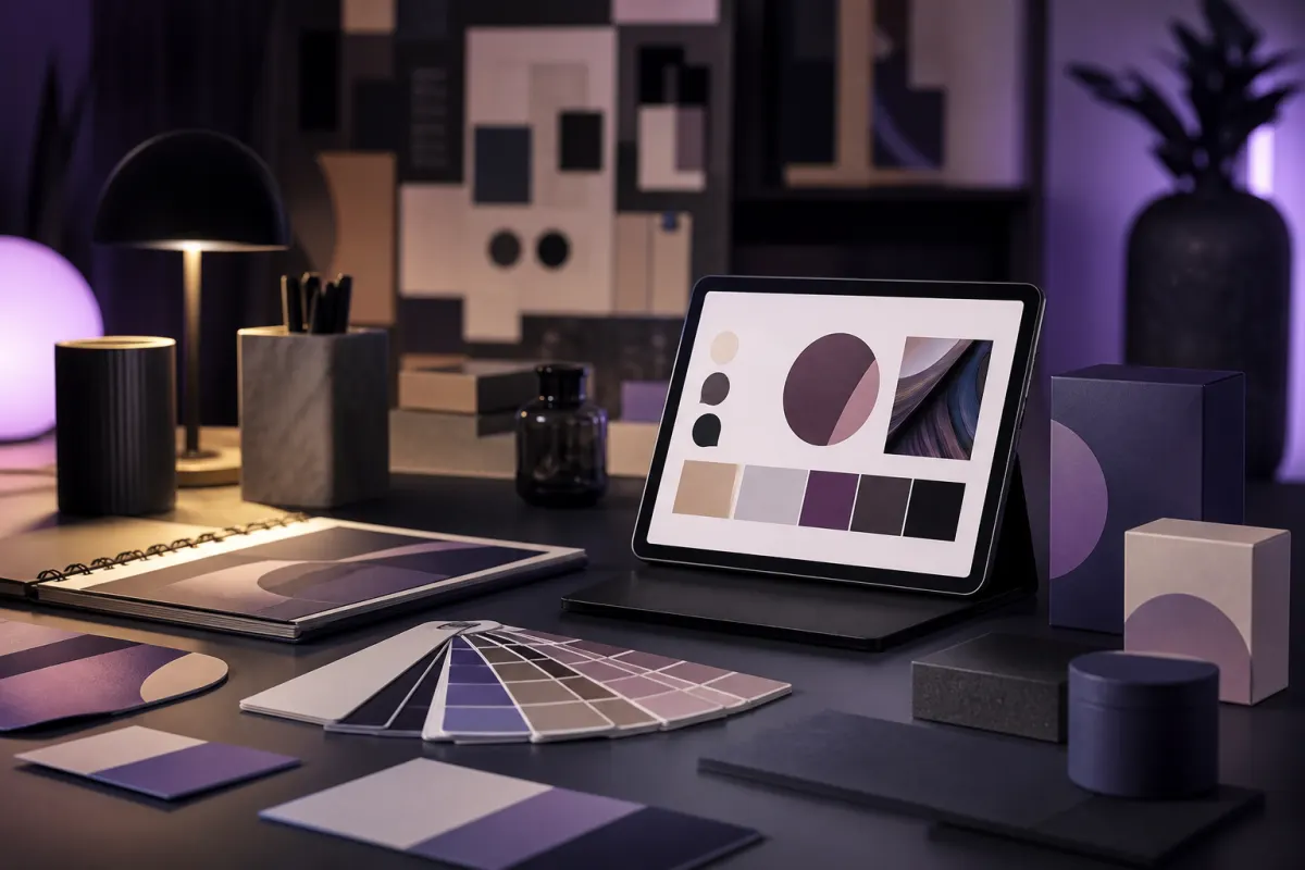 Materiales de diseño y paleta de color en mesa de trabajo