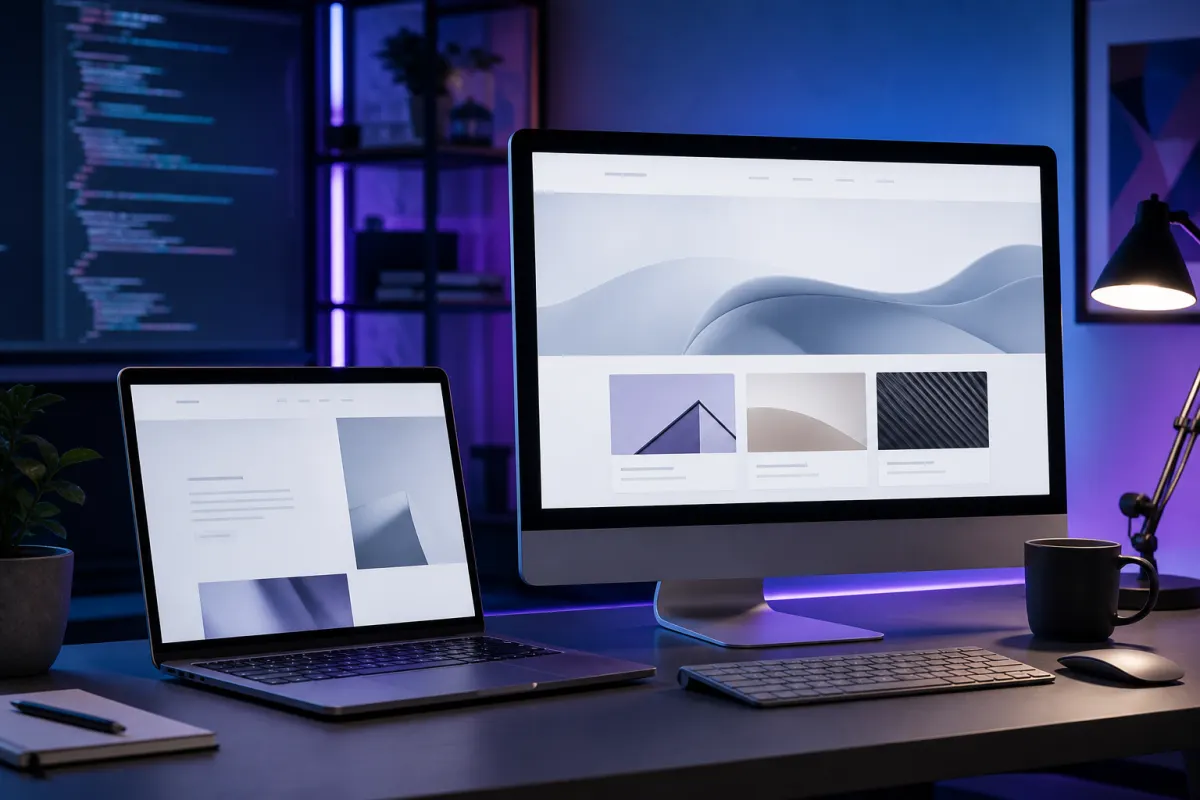 Escritorio con ordenador mostrando código y diseño web