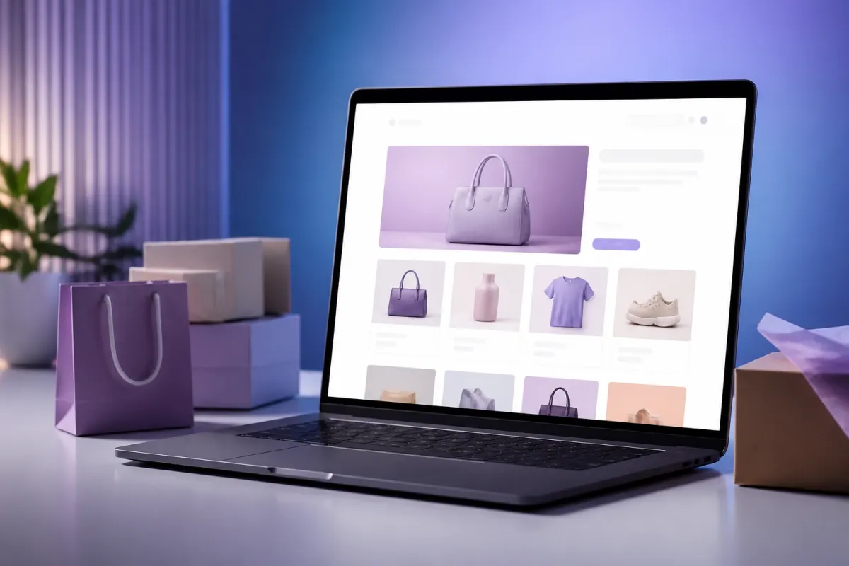 Tienda virtual mostrada en una laptop junto a empaques para ventas online